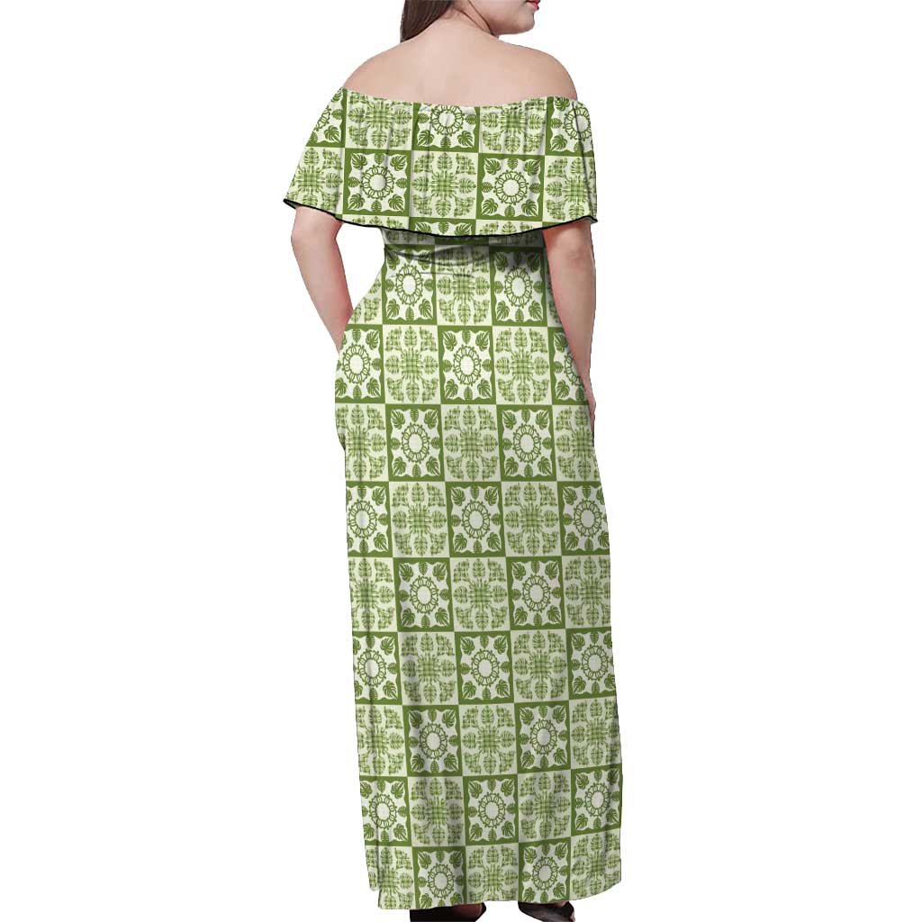 Omaomao Palaka Quilt Hawaii Off Shoulder Maxi Dress Hawaiian Tropical Monstera Sea Turtle LT14 - Polynesian Pride