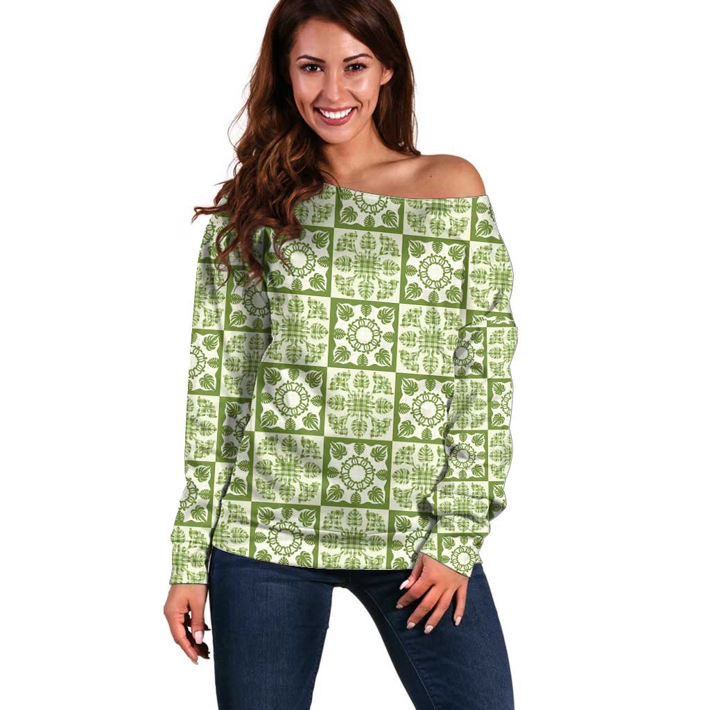 Omaomao Palaka Quilt Hawaii Off Shoulder Sweater Hawaiian Tropical Monstera Sea Turtle