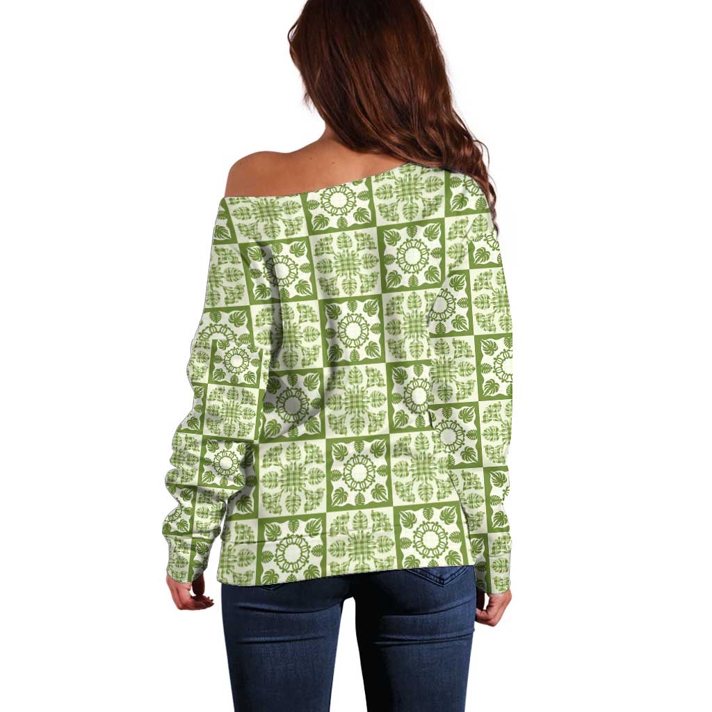 Omaomao Palaka Quilt Hawaii Off Shoulder Sweater Hawaiian Tropical Monstera Sea Turtle