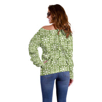 Omaomao Palaka Quilt Hawaii Off Shoulder Sweater Hawaiian Tropical Monstera Sea Turtle