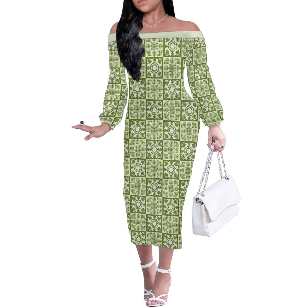Omaomao Palaka Quilt Hawaii Off The Shoulder Long Sleeve Dress Hawaiian Tropical Monstera Sea Turtle LT14 Women Green - Polynesian Pride