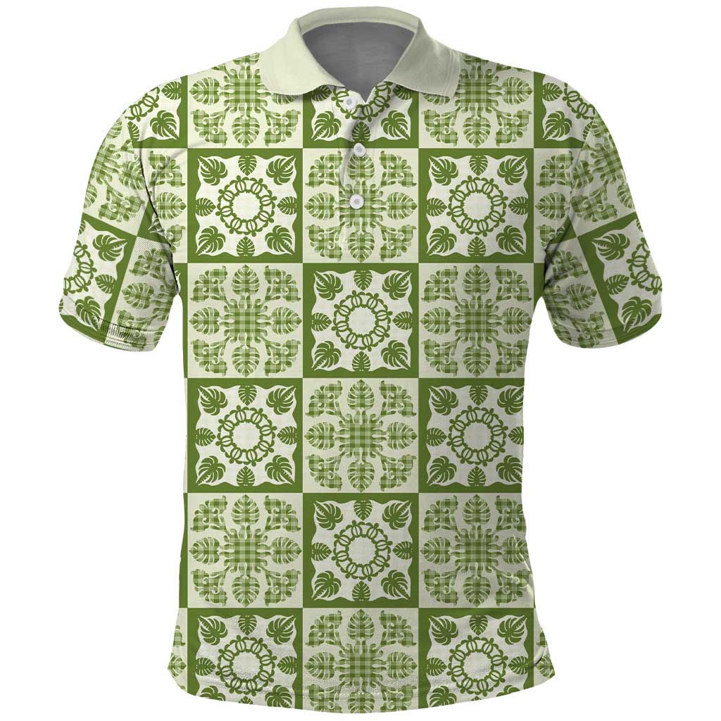 Omaomao Palaka Quilt Hawaii Polo Shirt Hawaiian Tropical Monstera Sea Turtle LT14 Green - Polynesian Pride