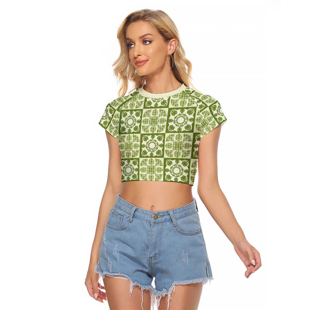 Omaomao Palaka Quilt Hawaii Raglan Cropped T Shirt Hawaiian Tropical Monstera Sea Turtle LT14 Female Green - Polynesian Pride