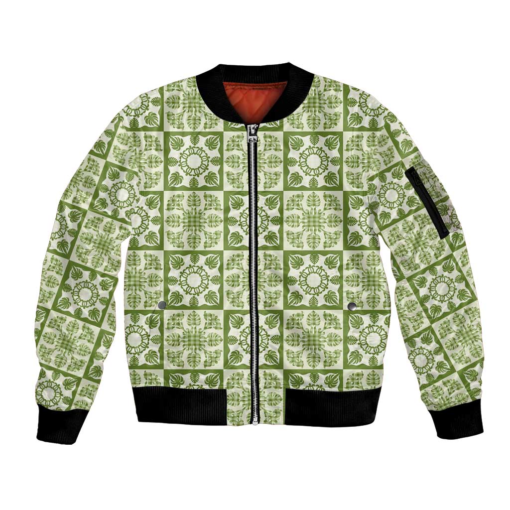 Omaomao Palaka Quilt Hawaii Sleeve Zip Bomber Jacket Hawaiian Tropical Monstera Sea Turtle