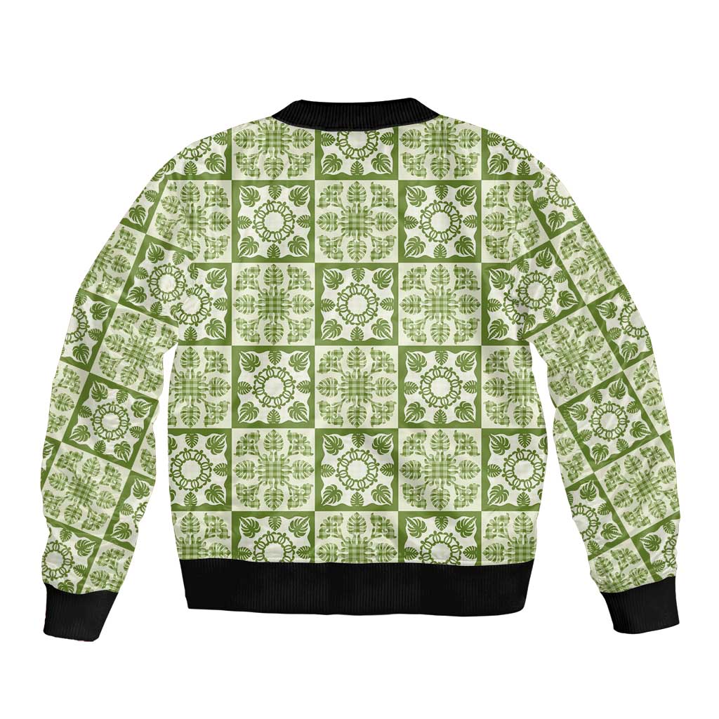 Omaomao Palaka Quilt Hawaii Sleeve Zip Bomber Jacket Hawaiian Tropical Monstera Sea Turtle