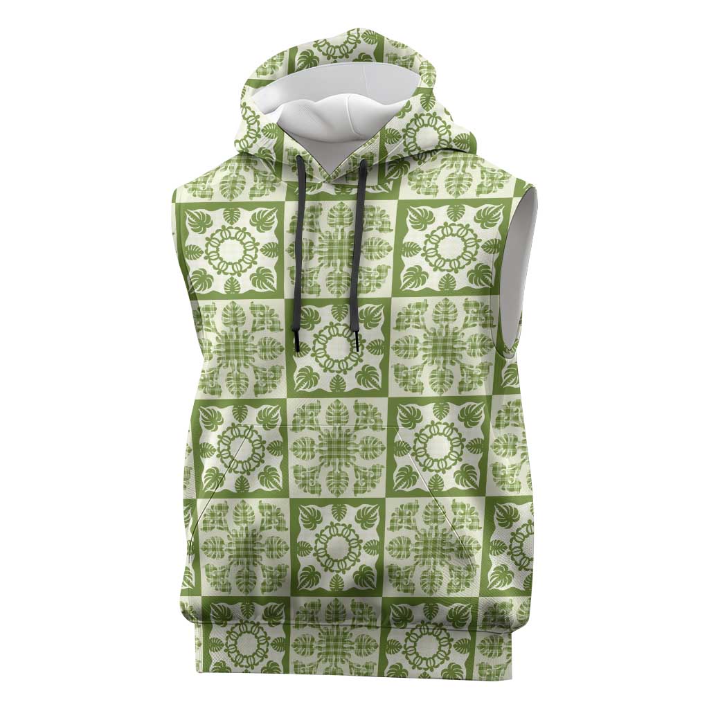 Omaomao Palaka Quilt Hawaii Sleeveless Hoodie Hawaiian Tropical Monstera Sea Turtle LT14 Green - Polynesian Pride