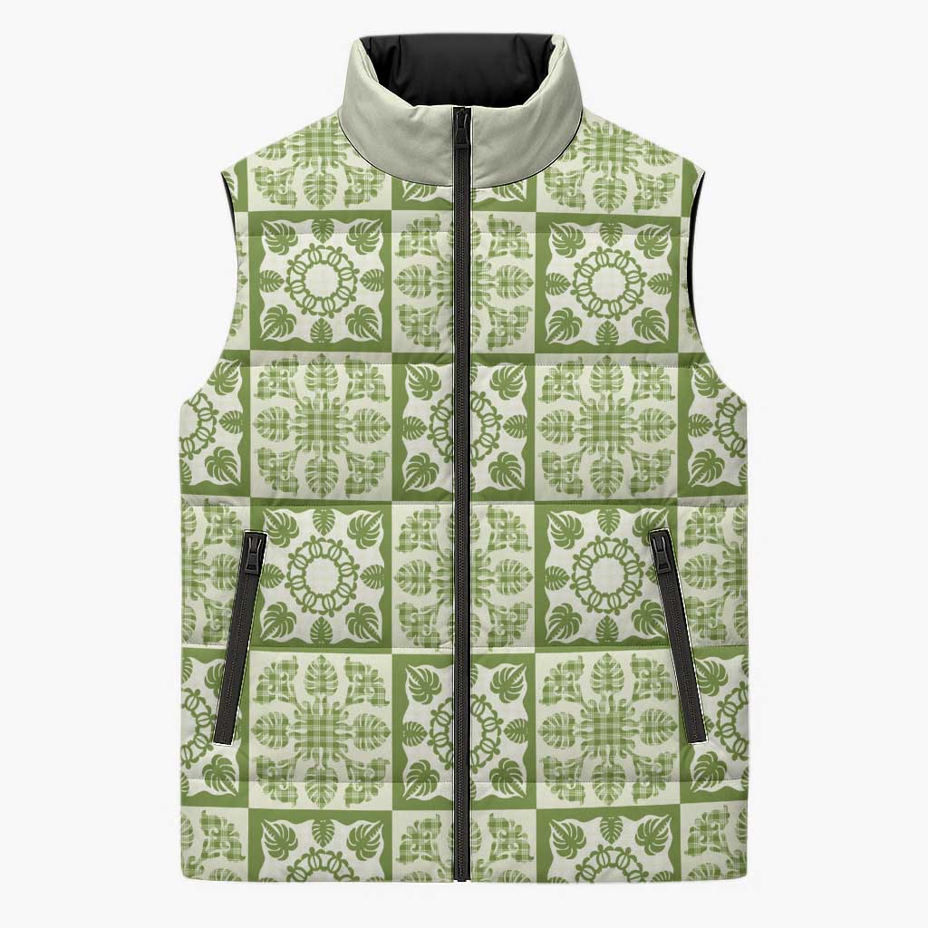 Omaomao Palaka Quilt Hawaii Sleeveless Puffer Jacket Hawaiian Tropical Monstera Sea Turtle