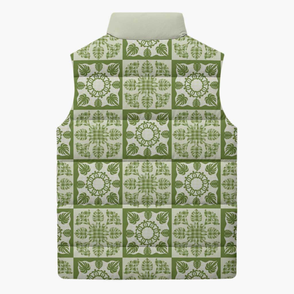 Omaomao Palaka Quilt Hawaii Sleeveless Puffer Jacket Hawaiian Tropical Monstera Sea Turtle