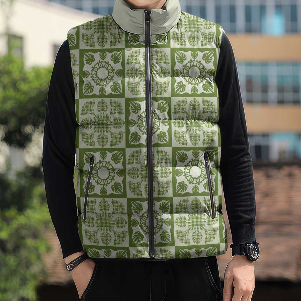 Omaomao Palaka Quilt Hawaii Sleeveless Puffer Jacket Hawaiian Tropical Monstera Sea Turtle