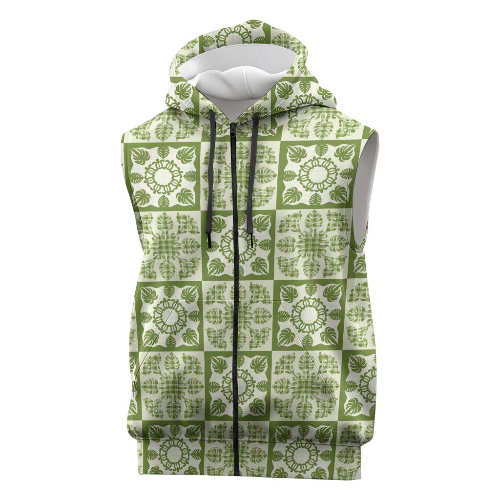 Omaomao Palaka Quilt Hawaii Sleeveless Zip Hoodie Hawaiian Tropical Monstera Sea Turtle LT14 Green - Polynesian Pride