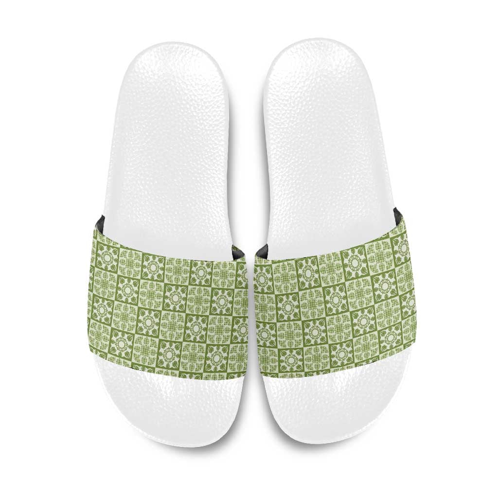 Omaomao Palaka Quilt Hawaii Slide Sandals Hawaiian Tropical Monstera Sea Turtle