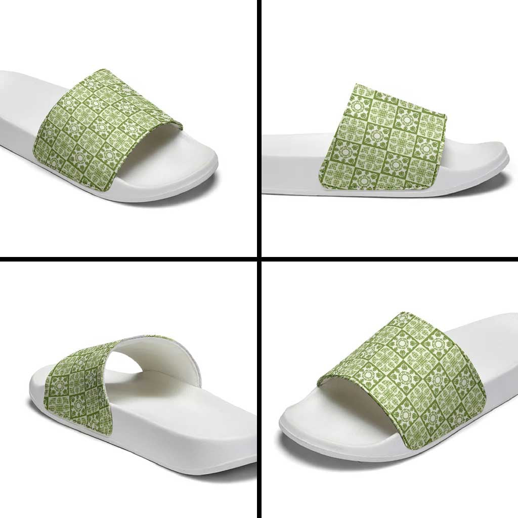 Omaomao Palaka Quilt Hawaii Slide Sandals Hawaiian Tropical Monstera Sea Turtle
