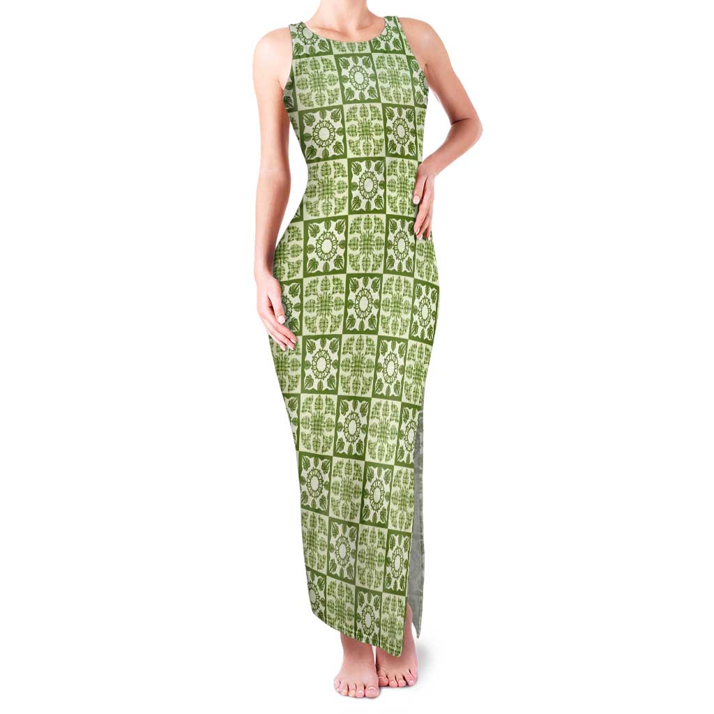 Omaomao Palaka Quilt Hawaii Tank Maxi Dress Hawaiian Tropical Monstera Sea Turtle LT14 Women Green - Polynesian Pride