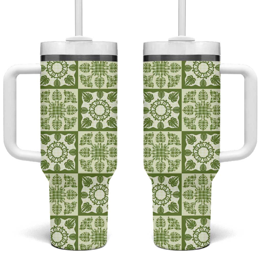 Omaomao Palaka Quilt Hawaii Tumbler With Handle Hawaiian Tropical Monstera Sea Turtle LT14 One Size: 40 oz Green - Polynesian Pride