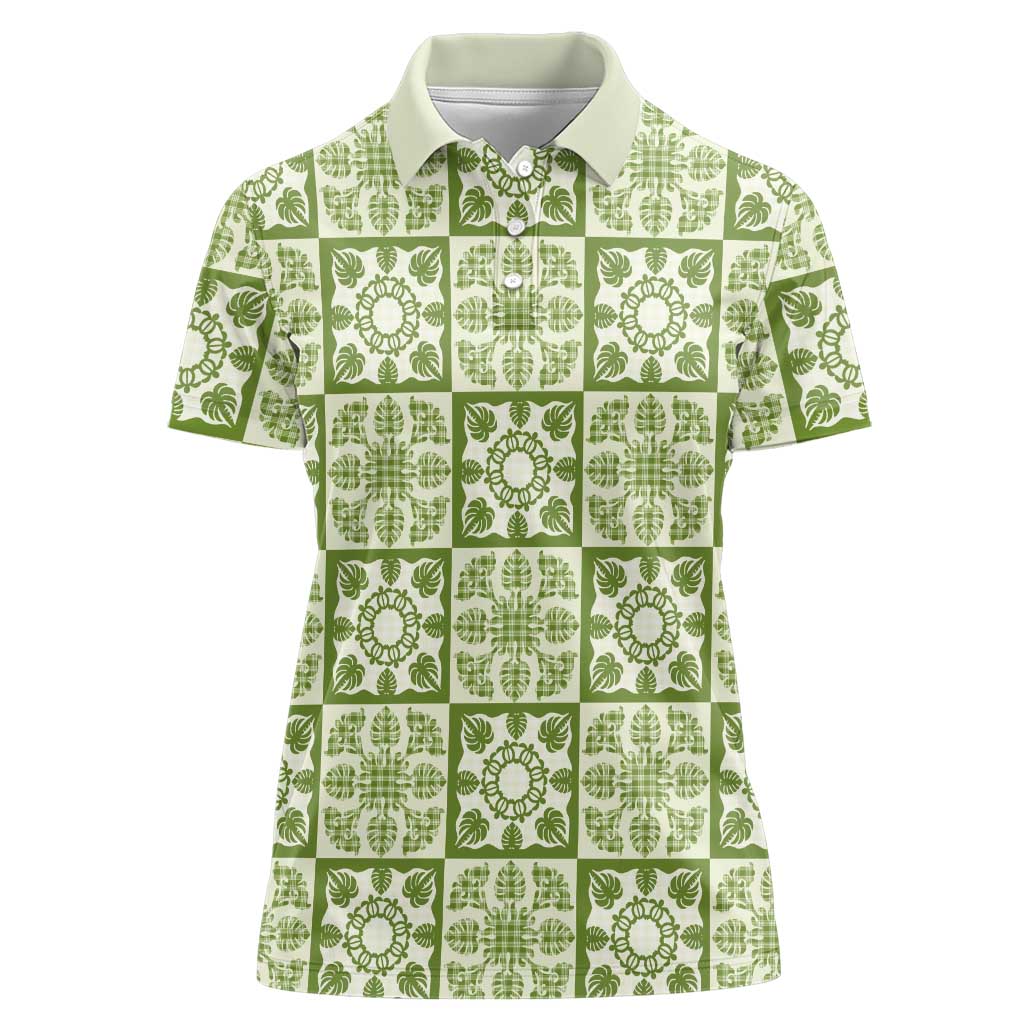 Omaomao Palaka Quilt Hawaii Women Polo Shirt Hawaiian Tropical Monstera Sea Turtle