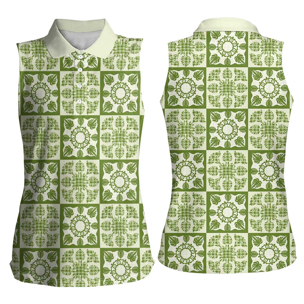 Omaomao Palaka Quilt Hawaii Women Sleeveless Polo Shirt Hawaiian Tropical Monstera Sea Turtle