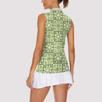 Omaomao Palaka Quilt Hawaii Women Sleeveless Polo Shirt Hawaiian Tropical Monstera Sea Turtle