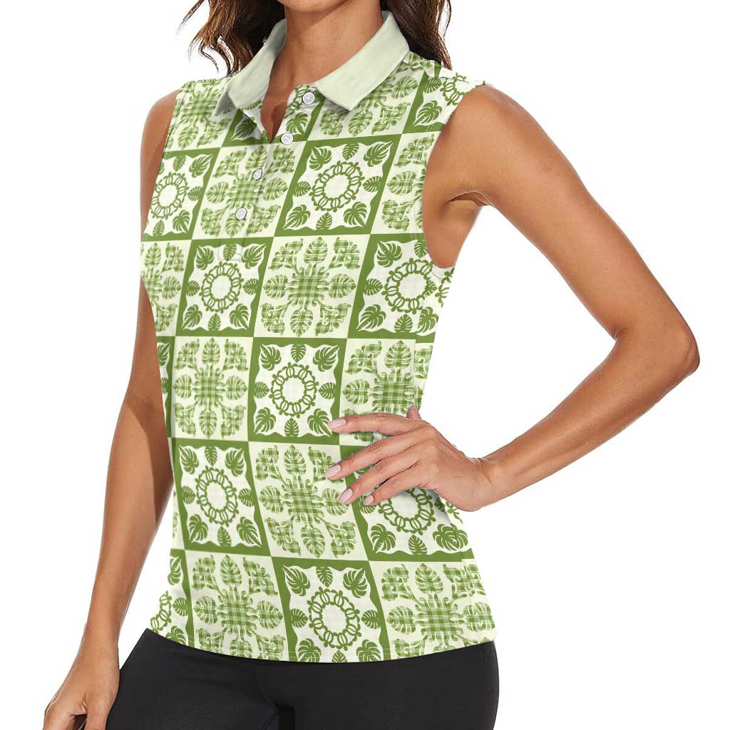 Omaomao Palaka Quilt Hawaii Women Sleeveless Polo Shirt Hawaiian Tropical Monstera Sea Turtle