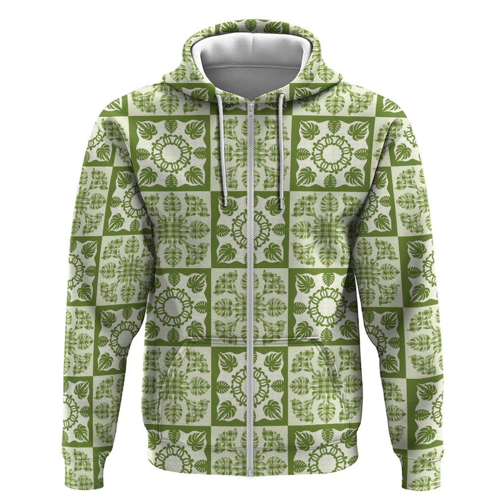 Omaomao Palaka Quilt Hawaii Zip Hoodie Hawaiian Tropical Monstera Sea Turtle LT14 Zip Hoodie Green - Polynesian Pride
