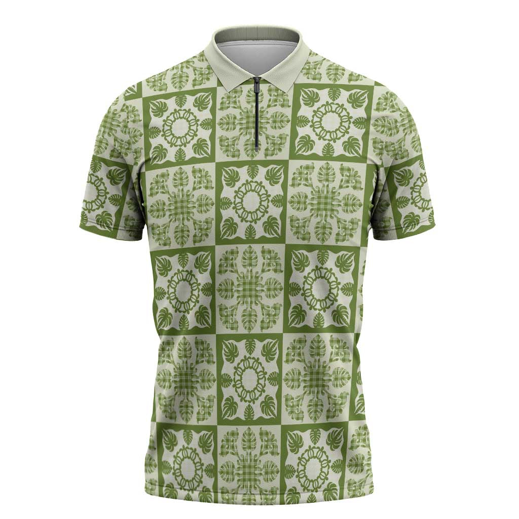 Omaomao Palaka Quilt Hawaii Zipper Polo Shirt Hawaiian Tropical Monstera Sea Turtle LT14 Green - Polynesian Pride