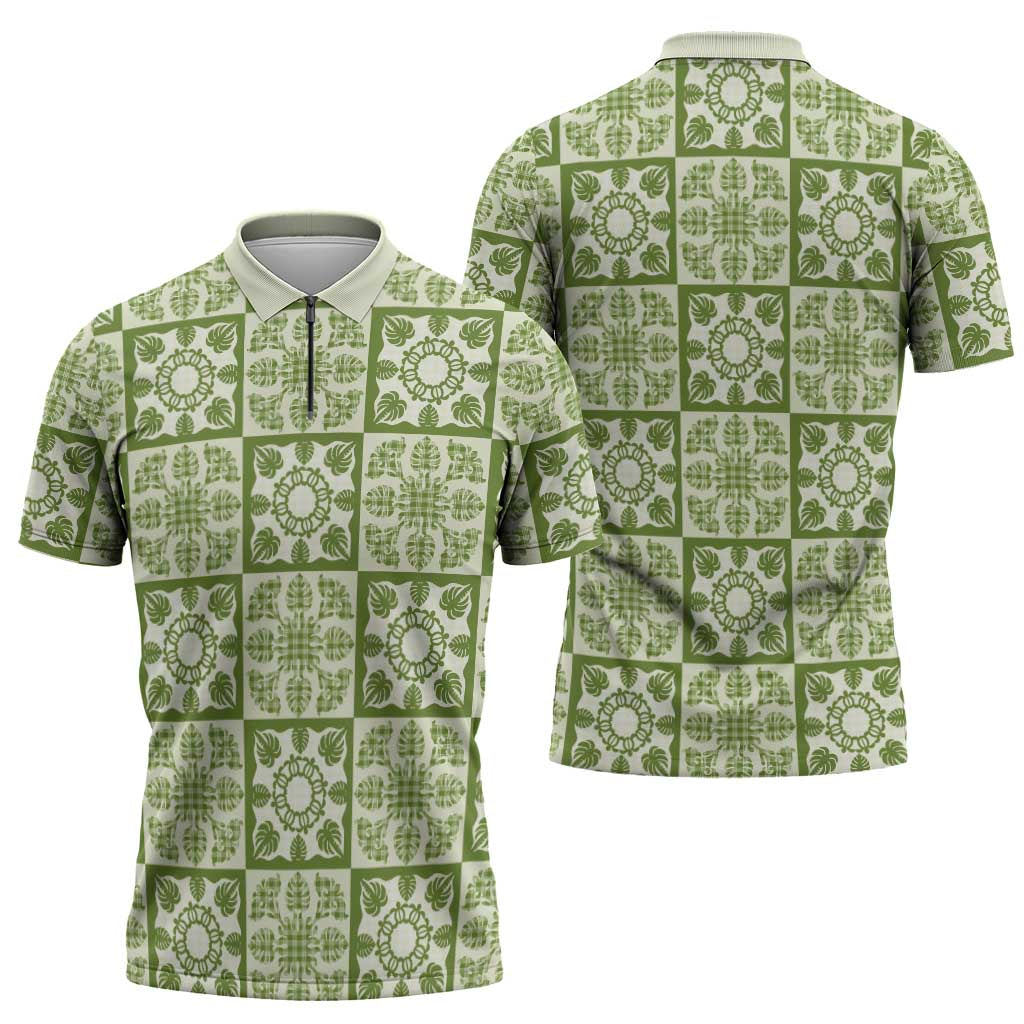 Omaomao Palaka Quilt Hawaii Zipper Polo Shirt Hawaiian Tropical Monstera Sea Turtle LT14 - Polynesian Pride