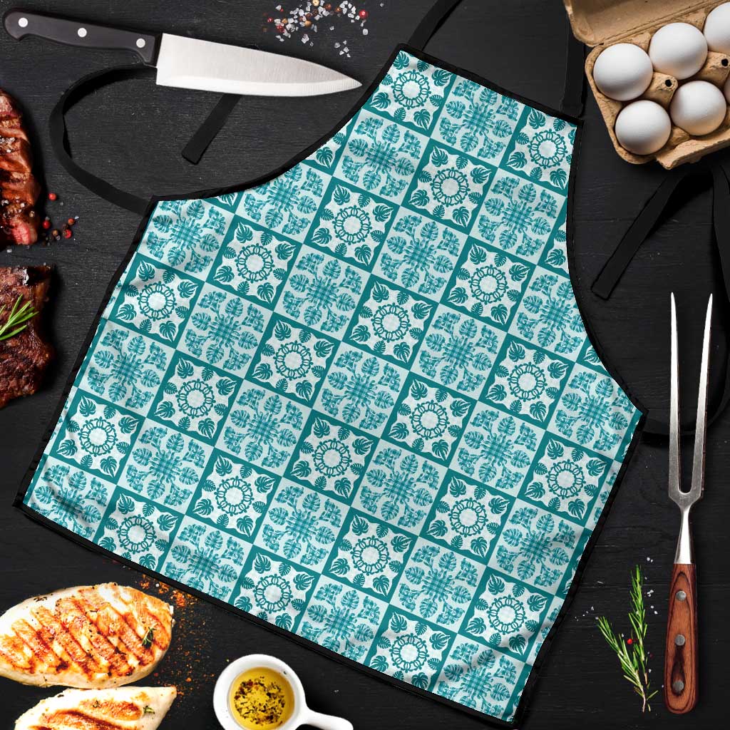 Cyan Palaka Quilt Hawaii Apron Hawaiian Tropical Monstera Sea Turtle