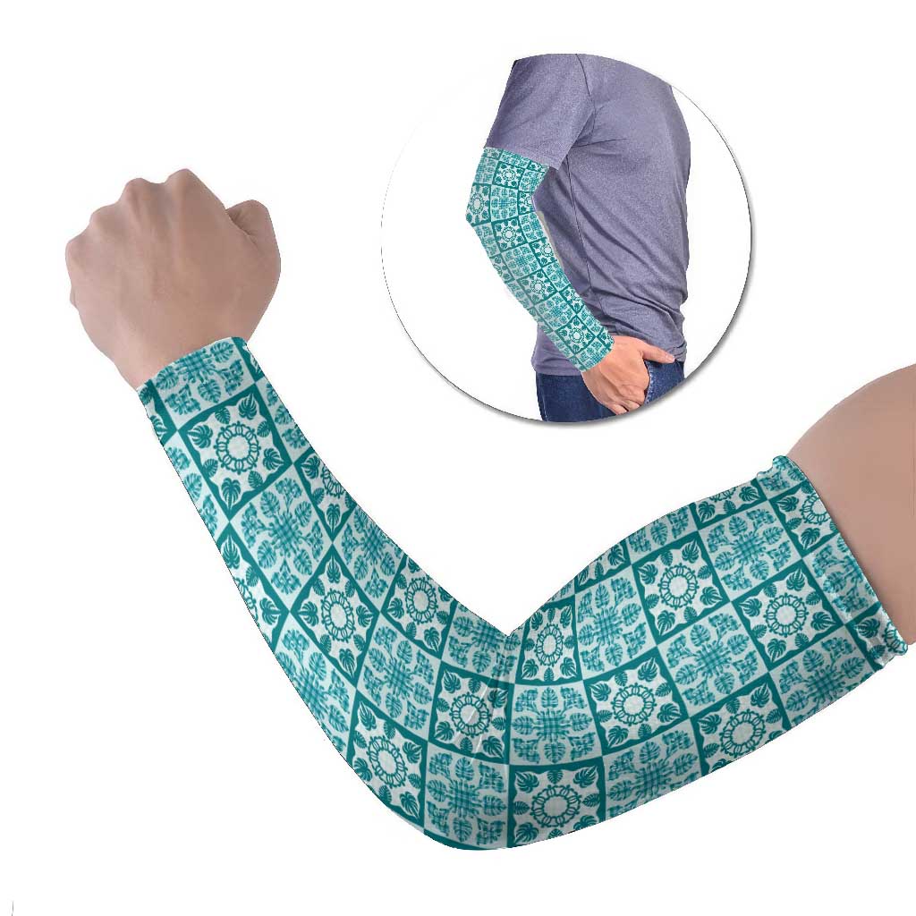 Cyan Palaka Quilt Hawaii Arm Sleeves Hawaiian Tropical Monstera Sea Turtle LT14 Set of 2 Cyan - Polynesian Pride