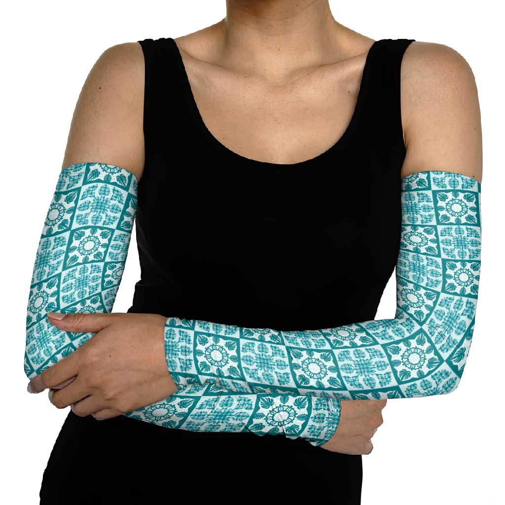 Cyan Palaka Quilt Hawaii Arm Sleeves Hawaiian Tropical Monstera Sea Turtle