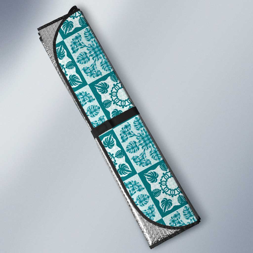 Cyan Palaka Quilt Hawaii Auto Sun Shade Hawaiian Tropical Monstera Sea Turtle