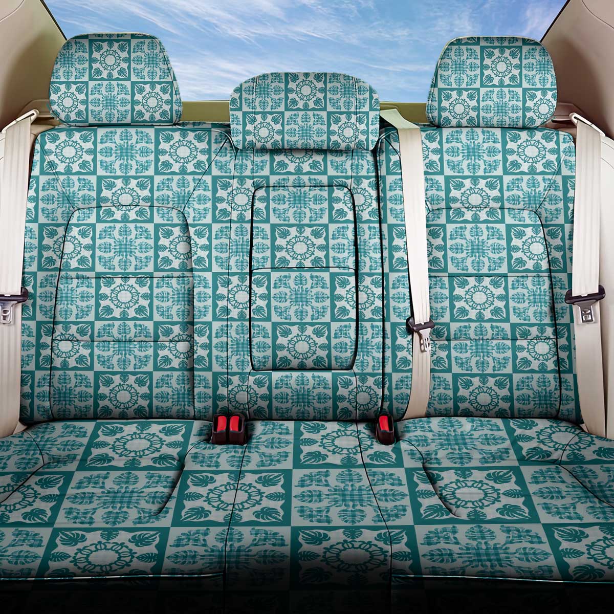 Cyan Palaka Quilt Hawaii Back Car Seat Cover Hawaiian Tropical Monstera Sea Turtle LT14 One Size Cyan - Polynesian Pride