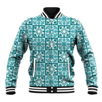 Cyan Palaka Quilt Hawaii Baseball Jacket Hawaiian Tropical Monstera Sea Turtle