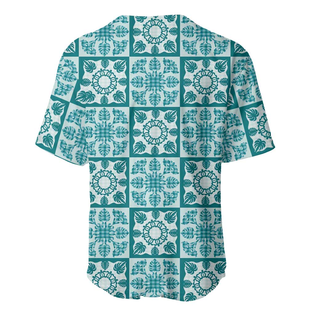 Cyan Palaka Quilt Hawaii Baseball Jersey Hawaiian Tropical Monstera Sea Turtle