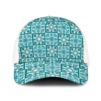 Cyan Palaka Quilt Hawaii Baseball Net Cap Hawaiian Tropical Monstera Sea Turtle