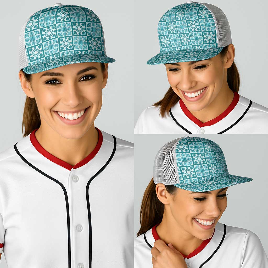 Cyan Palaka Quilt Hawaii Baseball Net Cap Hawaiian Tropical Monstera Sea Turtle