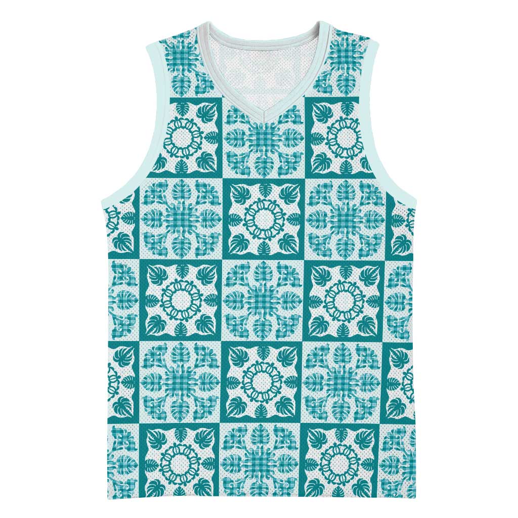 Cyan Palaka Quilt Hawaii Basketball Jersey Hawaiian Tropical Monstera Sea Turtle LT14 Unisex Cyan - Polynesian Pride