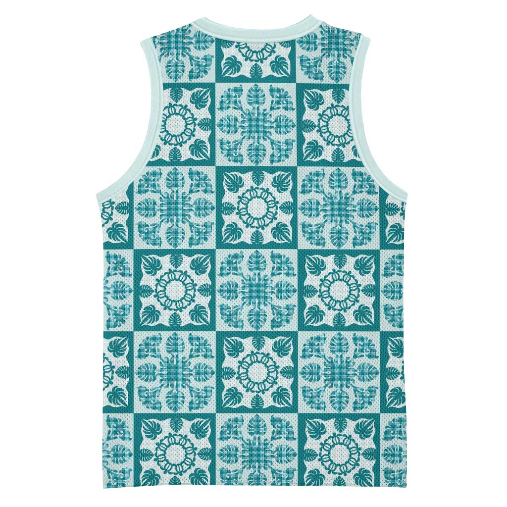 Cyan Palaka Quilt Hawaii Basketball Jersey Hawaiian Tropical Monstera Sea Turtle LT14 - Polynesian Pride