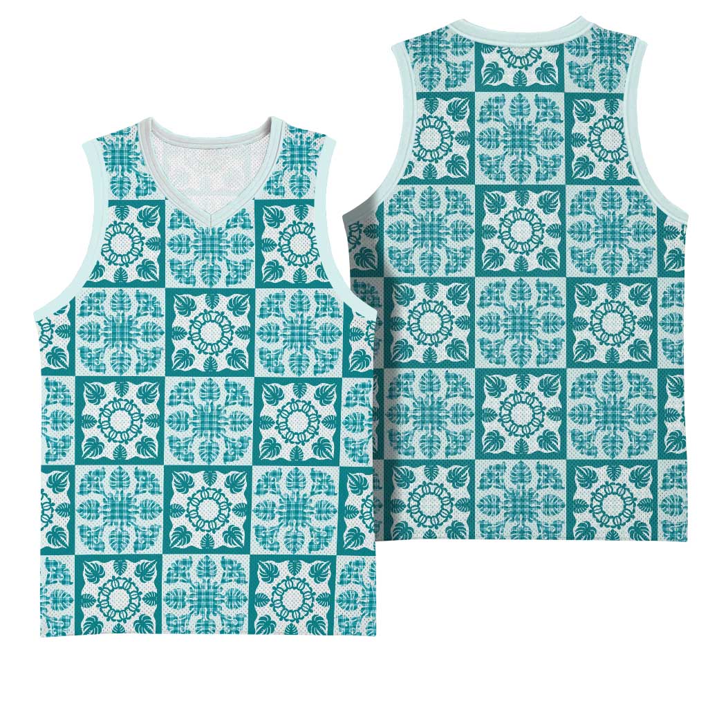 Cyan Palaka Quilt Hawaii Basketball Jersey Hawaiian Tropical Monstera Sea Turtle LT14 - Polynesian Pride