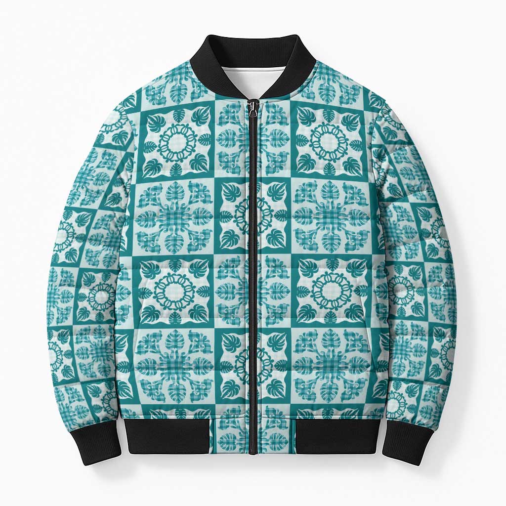 Cyan Palaka Quilt Hawaii Bomber Puffer Jacket Hawaiian Tropical Monstera Sea Turtle LT14 Unisex Cyan - Polynesian Pride