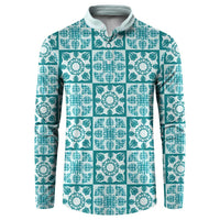 Cyan Palaka Quilt Hawaii Button Sweatshirt Hawaiian Tropical Monstera Sea Turtle