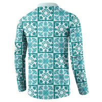 Cyan Palaka Quilt Hawaii Button Sweatshirt Hawaiian Tropical Monstera Sea Turtle