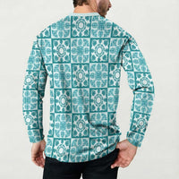 Cyan Palaka Quilt Hawaii Button Sweatshirt Hawaiian Tropical Monstera Sea Turtle