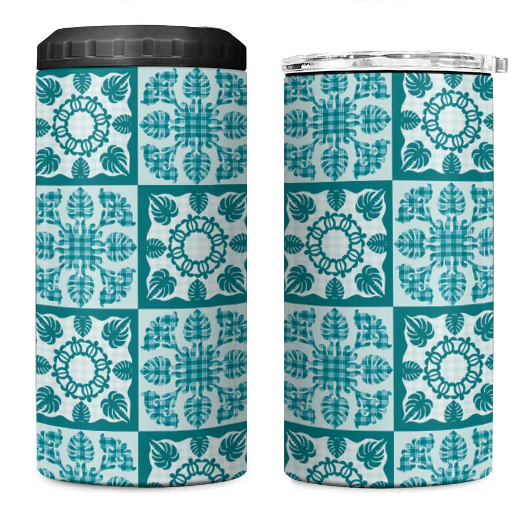 Cyan Palaka Quilt Hawaii 4 in 1 Can Cooler Tumbler Hawaiian Tropical Monstera Sea Turtle LT14 One Size: 16 oz Cyan - Polynesian Pride