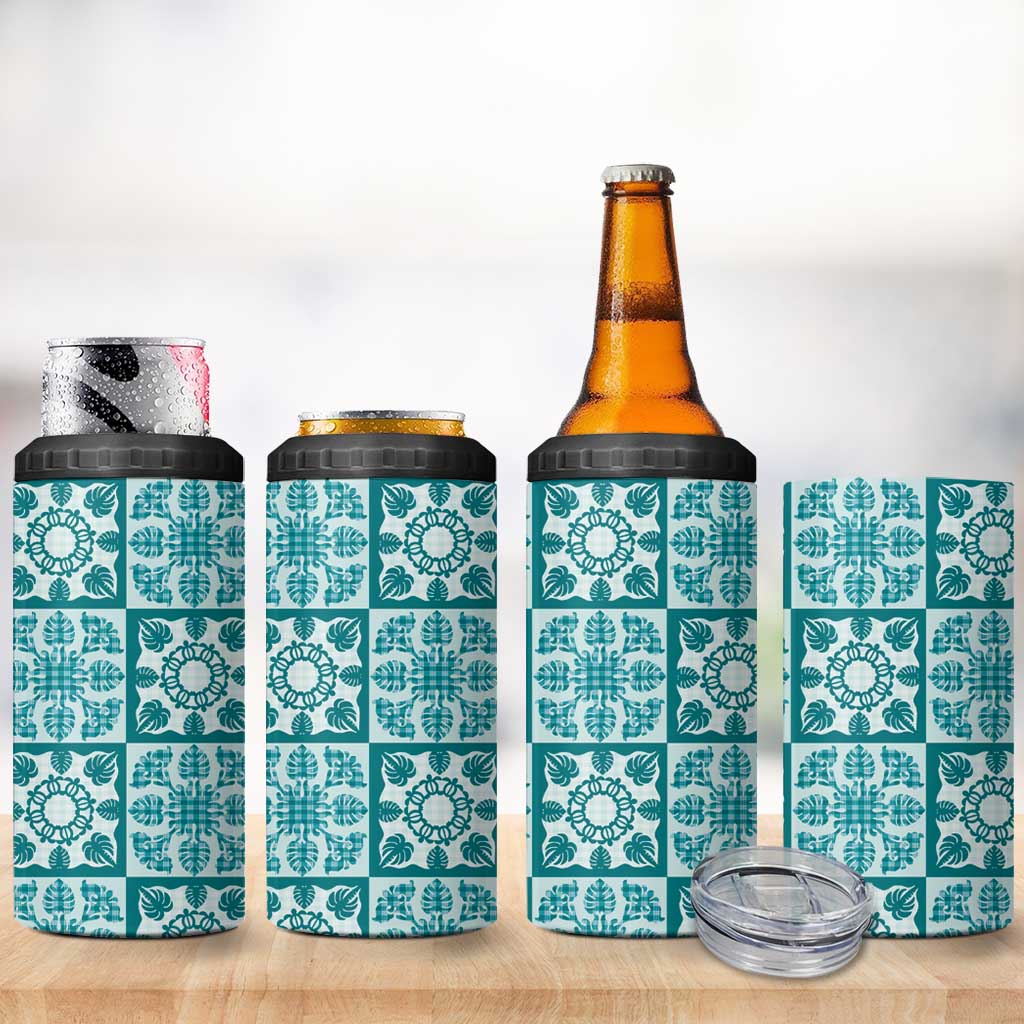 Cyan Palaka Quilt Hawaii 4 in 1 Can Cooler Tumbler Hawaiian Tropical Monstera Sea Turtle LT14 - Polynesian Pride