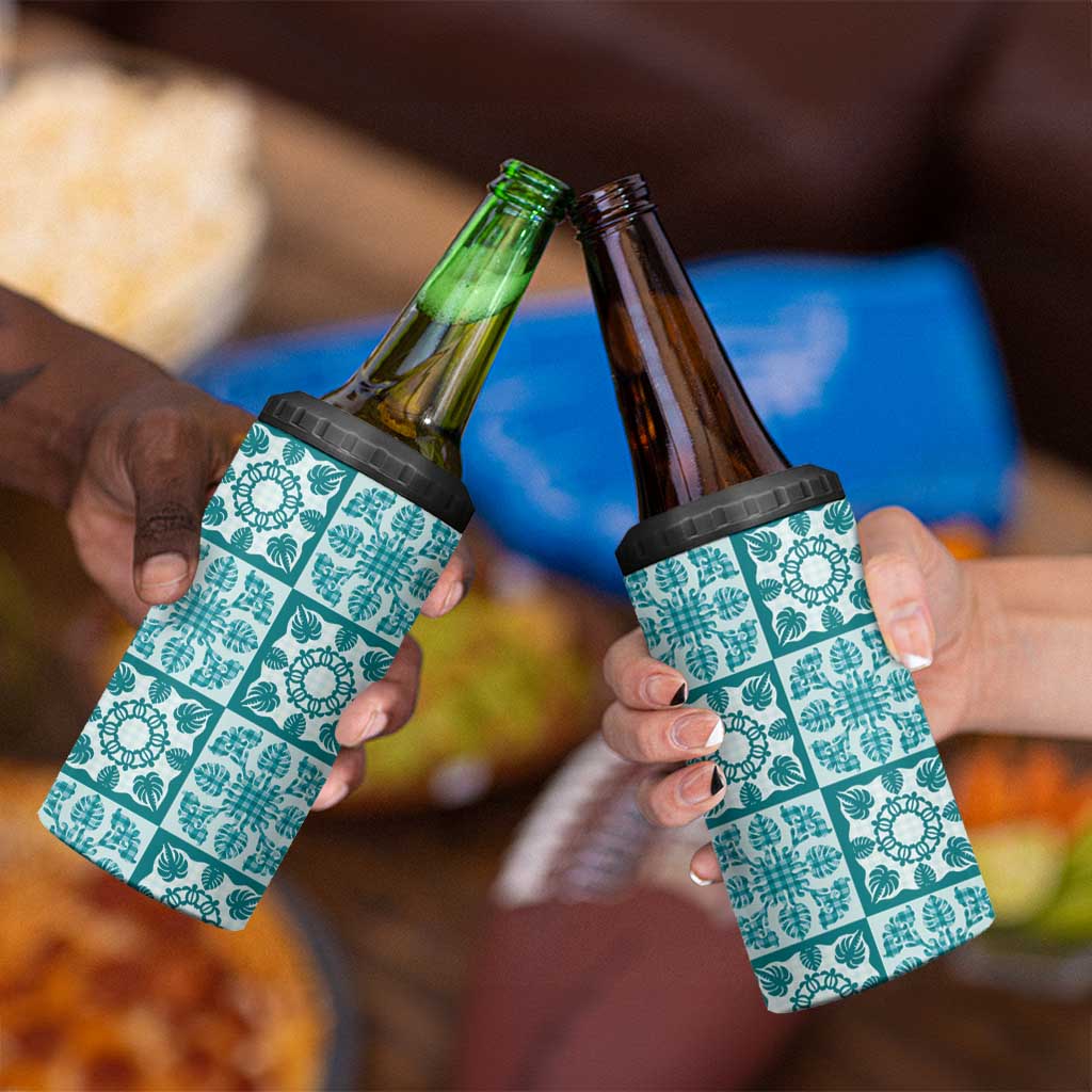 Cyan Palaka Quilt Hawaii 4 in 1 Can Cooler Tumbler Hawaiian Tropical Monstera Sea Turtle LT14 - Polynesian Pride