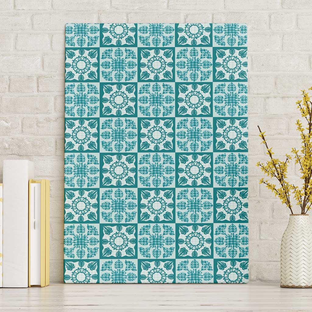 Cyan Palaka Quilt Hawaii Canvas Wall Art Hawaiian Tropical Monstera Sea Turtle LT14 Without Frame Cyan - Polynesian Pride