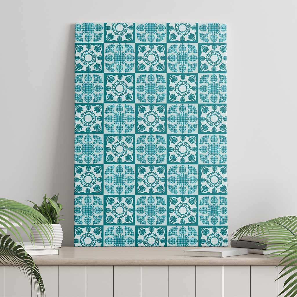 Cyan Palaka Quilt Hawaii Canvas Wall Art Hawaiian Tropical Monstera Sea Turtle LT14 - Polynesian Pride