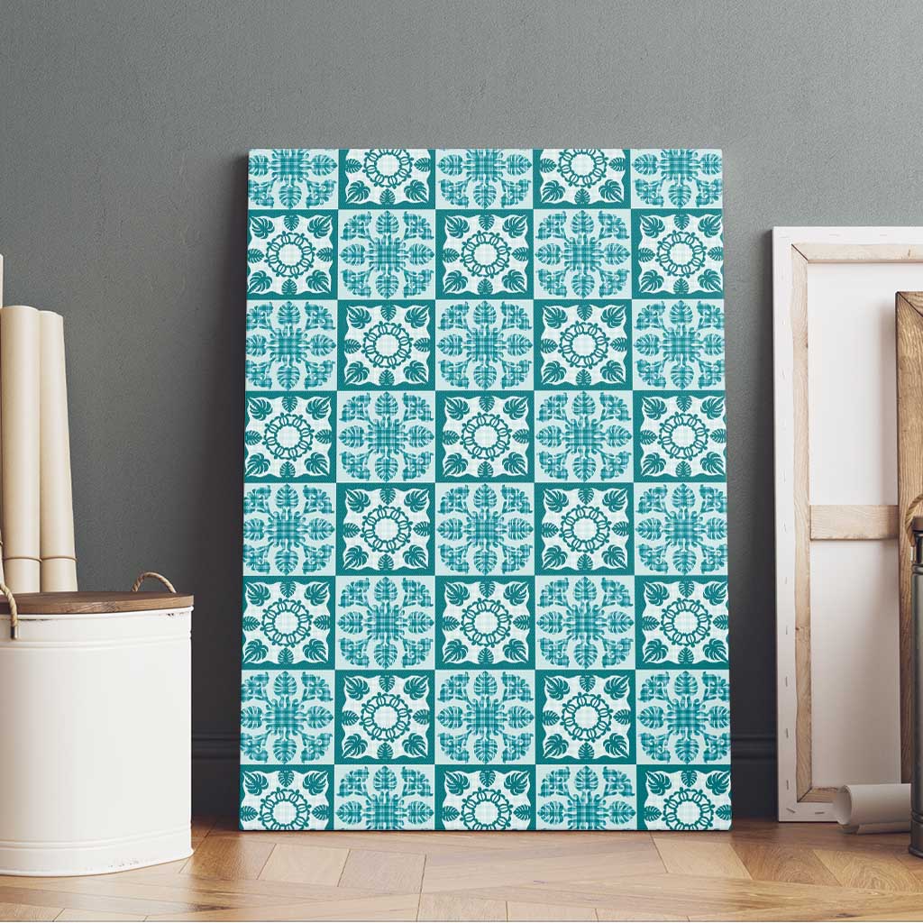 Cyan Palaka Quilt Hawaii Canvas Wall Art Hawaiian Tropical Monstera Sea Turtle LT14 - Polynesian Pride
