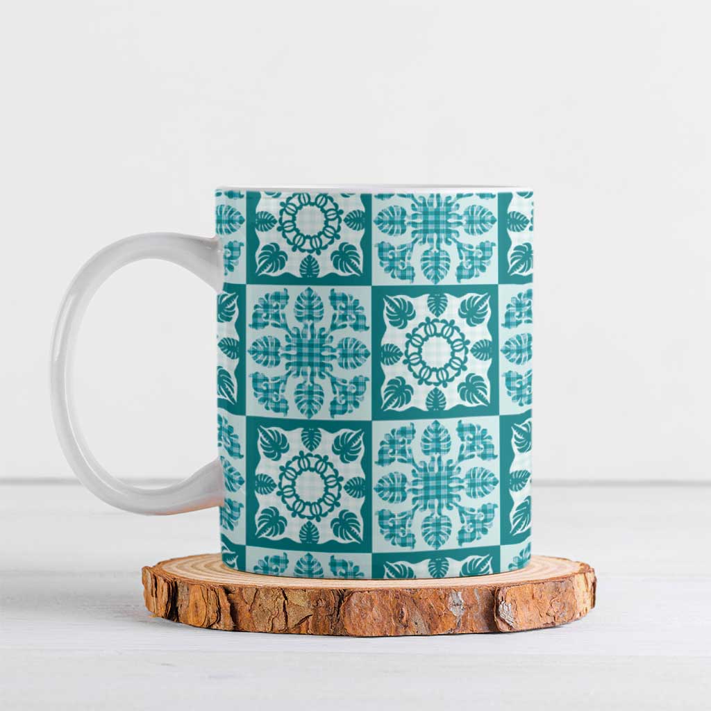 Cyan Palaka Quilt Hawaii Ceramic Mug Hawaiian Tropical Monstera Sea Turtle