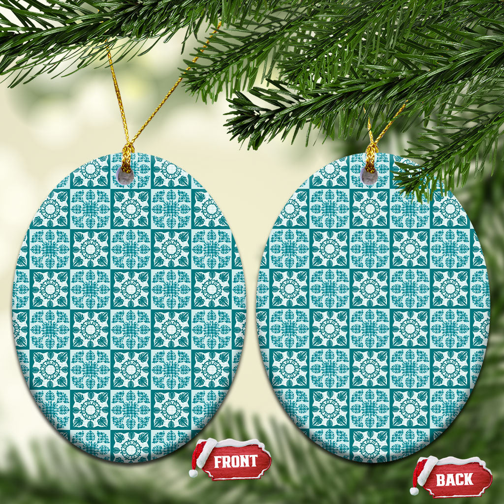 Cyan Palaka Quilt Hawaii Ceramic Ornament Hawaiian Tropical Monstera Sea Turtle LT14 Oval Cyan - Polynesian Pride