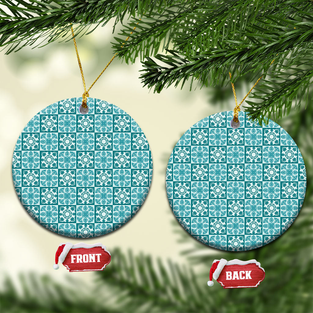 Cyan Palaka Quilt Hawaii Ceramic Ornament Hawaiian Tropical Monstera Sea Turtle LT14 Circle Cyan - Polynesian Pride